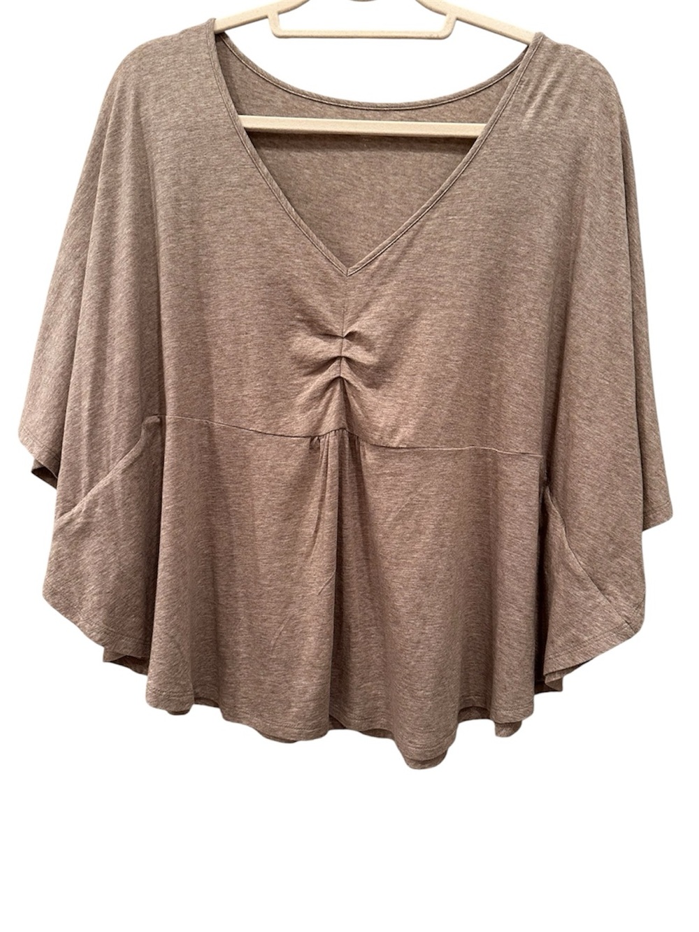 Garnet Hill Taupe V-Neck Ruched Swing Blouse Top Neutral Lightweight Sz L